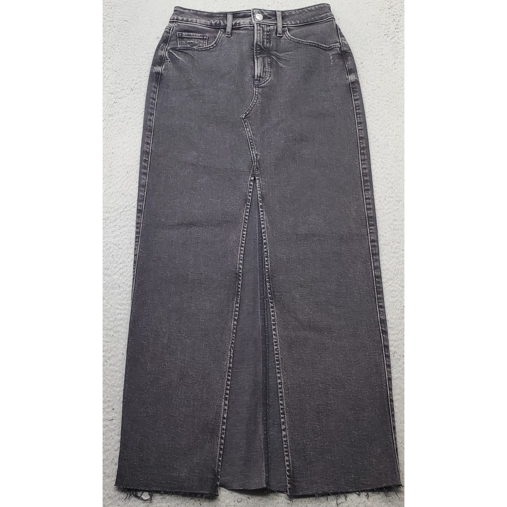 Express Maxi Skirt Womens 0 Black Denim Stretch Slit Front Raw Hem Distressed